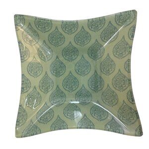 Decorative Glass Square Dish Green Blue Vintage Pattern Trinkets Ring Anthro 5.5